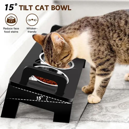 Vista 4 de Tazón Elevado de Bambú para Comida de Gatos, 3 Cuencos Elevados de Acero Inoxidable para Gatos con Soporte, Cuenco Inclinado 15° para Perros