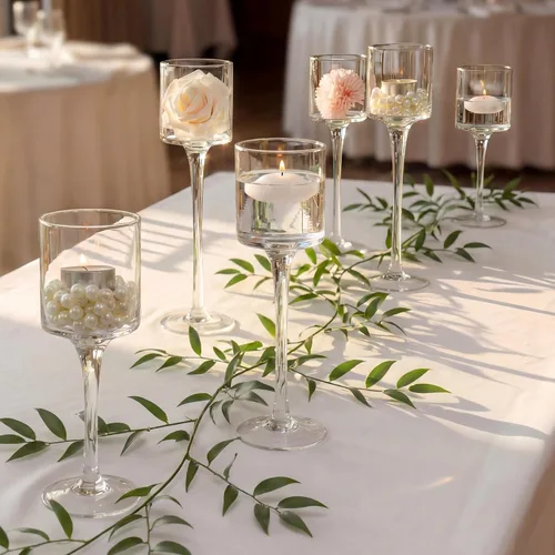 Vista 8 de NUPTIO Portavelas de cristal Tealight: juego de 3 candelabros de tallo largo para centro de mesa de cena, velas flotantes Monet Clear Glass Cups