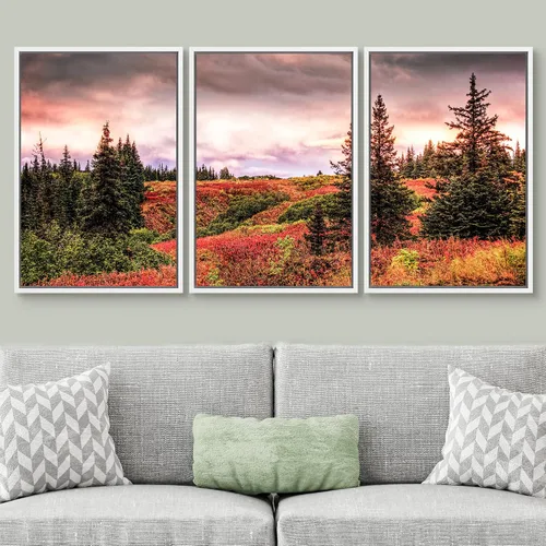Vista 2 de SIGNWIN Lienzo enmarcado para pared, juego de arte nublado de tormenta, cielo, bosque otoñal, árboles, rústico, naturaleza, fotografía, realismo