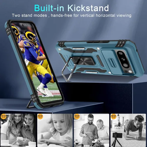 Vista 4 de DEERLAMN Funda para Google Pixel 8 Pro con cubierta deslizante para cámara + protector de pantalla (1 paquete), soporte de anillo giratorio tipo
