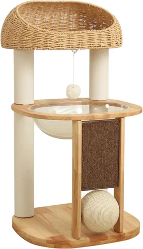 Vista 11 de Árbol de madera para gatos grandes, torre moderna para gatos con estantes anchos, postes rascadores de algodón, base súper resistente, perchas