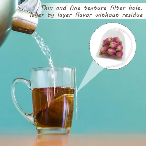 Vista 4 de 100 bolsas de té vacías desechables, bolsas de té sueltas para té de hojas sueltas, bolsas de té de malla reutilizables con cordón para café