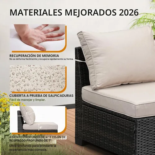 Vista 5 de JOYURE Juego de muebles de patio de 5 piezas, para todo tipo de clima, para exterior, sofá seccional de mimbre, sofá de ratán para patio con cojín