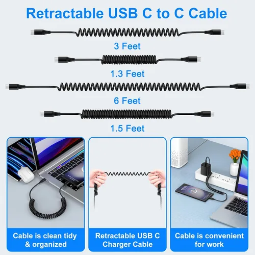 Vista 5 de Cable USB C para Android Auto de carga rápida, 3 pies + 6 pies, retráctil en espiral tipo C a C, cable de carga de teléfono para Samsung Galaxy A17