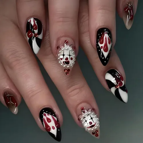 Vista 14 de Uñas postizas a presión de Halloween, uñas postizas de almendra, cobertura completa, uñas postizas rojas con diseños de gotas de sangre, punta 14