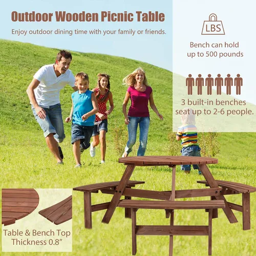 Vista 4 de Mesa de picnic de madera para 6 personas, mesa circular de picnic de madera para exteriores, mesa de comedor con 3 bancos, mesa exterior y banco 6