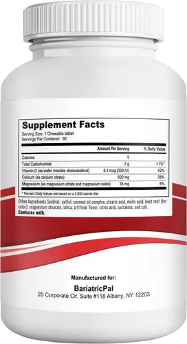 Vista 2 de BariatricPal Citrato de calcio 500 mg tabletas masticables - Cereza (suministro para 90 días)