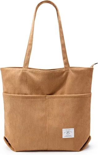 Vista 9 de KALIDI Bolsa Tote de Pana para Mujer con Cremallera Bolsa de Mano Casual Tote Bolsa de Hombro de Gran Capacidad con Bolsillos 1 negro y 1 blanco.