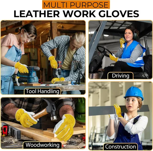 Vista 4 de HANDLANDY Guantes de jardinería de cuero para hombre, guantes de trabajo utilitarios para mecánicos, construcción, conductor