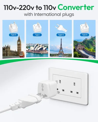 Vista 2 de Convertidor de viaje de 220 V a 110 V, convertidor de voltaje de EE. UU. a Europa, convertidor de corriente con 3 enchufes de CA y 4 puertos USB-A