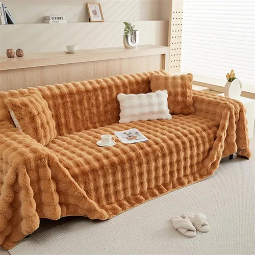 Vista 2 de Funda para sofá, funda lavable de una pieza para sofá, funda de cojín gruesa de felpa de conejo para invierno, funda protectora de muebles, camello