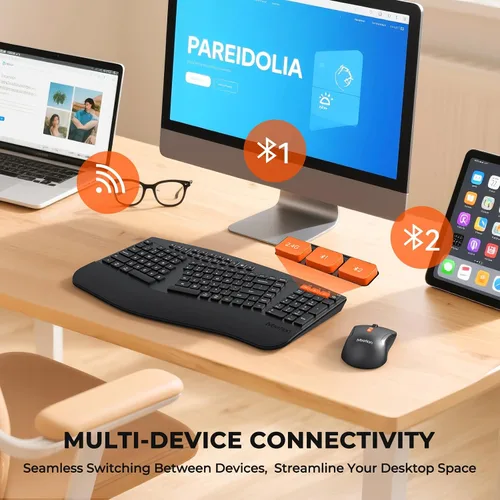 Vista 4 de MEETION Teclado y mouse ergonómicos, teclado Bluetooth multidispositivo y mouse inalámbricos, mouse ajustable de 4 DPI, teclado dividido