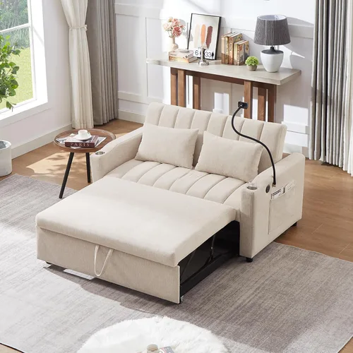 Vista 14 de Elegante sofá cama convertible de 54.7 pulgadas, sofá modular con cama extraíble con dos puertos USB y 4 almohadas, sofá biplaza para espacio