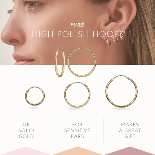 Vista 4 de MAZZERI Aretes de aro de oro macizo de 14 quilates para mujer, hipoalergénicos, 0.04 pulgadas de grosor, cierre redondo sin fin, oro amarillo