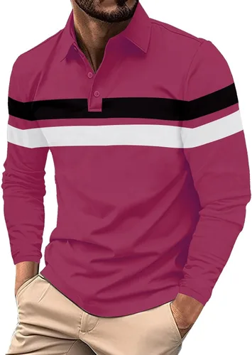 Vista 22 de Camisa polo para hombre, manga larga, cuello abotonado, bloque de color, moda para trabajo y golf