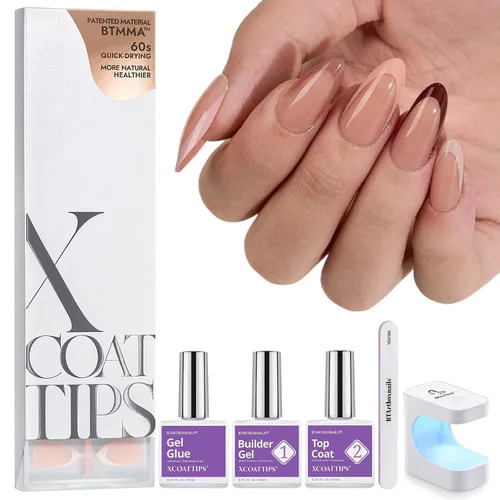 Vista 12 de BTArtboxnails XCOATTIPS - Uñas postizas a presión con punta francesa blanca 01-Kit de squoval extra corto con base rosada