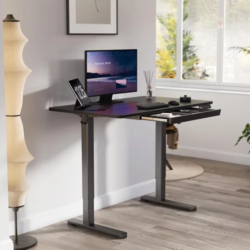 Vista 2 de YDN Escritorio de pie con cajón de 48 x 24 pulgadas eléctrico de altura ajustable negro Steel frame supports 176 lbs, 28.3 to 46.5 inch height