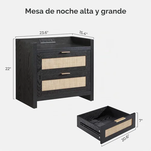 Vista 2 de Mesita de noche de ratán SICOTAS: Mesita de noche con 2 cajones grandes