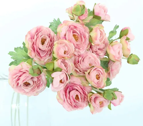 Vista 4 de Htmeing 3 piezas de flores artificiales de ranúnculo flocado, tallos en aerosol para bricolaje, flores de boda, ramos de novia de seda, centros