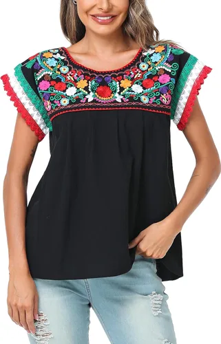 Vista 2 de YZXDORWJ Blusa tradicional colorida de encaje bordado mexicano para mujer, tricolor, camiseta del día de la independencia mexicana
