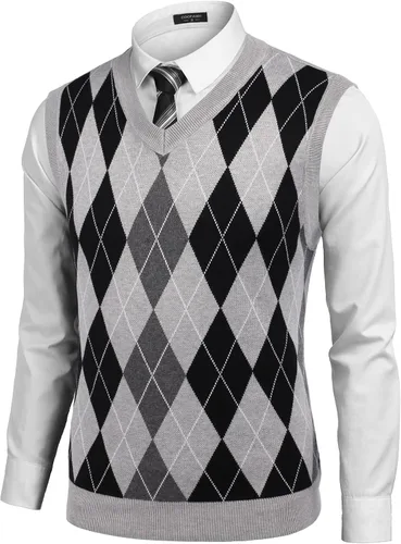 Vista 3 de COOFANDY Suéter sin mangas con cuello en V para hombre, ajustado, informal, con rombos