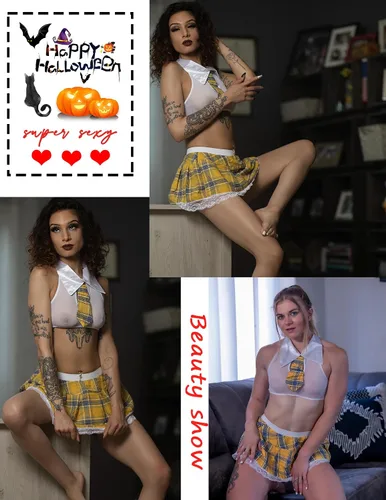 Vista 5 de Avidlove - Conjunto de lencería sexy para mujer, disfraz de colegiala con top, corbata y minifalda