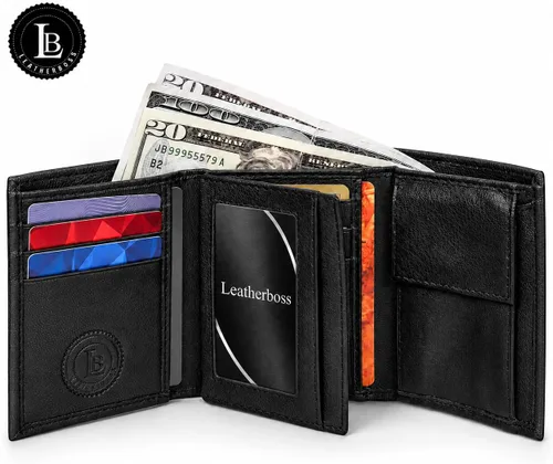 Vista 5 de Leatherboss - Cartera de piel para niños, delgada, compacta, con solapa y bolsillo para monedas, para hombres y mujeres, color negro