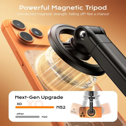 Vista 4 de Trípode magnético para teléfono, trípode ajustable y plegable de 51 pulgadas para iPhone con control remoto, fuerte soporte magnético para selfie
