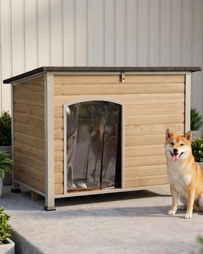 Vista 8 de Casa para perros de tamaño pequeño a grande, refugio para cachorros para interiores y exteriores con suelo elevado, perrera duradera e impermeable
