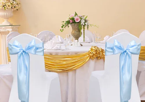 Vista 3 de Paquete de 50 cintas de satén para sillas color azul bebé, 7 x 108 pulgadas, cintas universales doradas para sillas de boda, ceremonia, fiesta