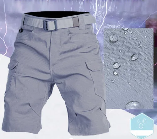 Vista 2 de Pantalones cortos tácticos para hombre, resistentes al agua, mezcla de algodón, para senderismo, pesca, sin cinturón