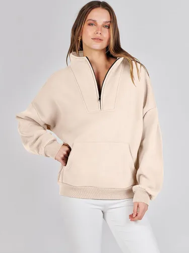 Vista 7 de ANRABESS Sudaderas con media cremallera para mujer, sudaderas cortas de gran tamaño, con cremallera de un cuarto, suéter de forro polar, suéter