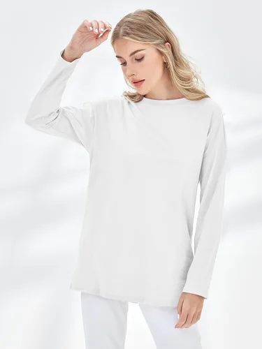 Vista 20 de Fisoew Camisetas de manga larga para mujer, holgadas, casuales, con cuello redondo, blusa suave