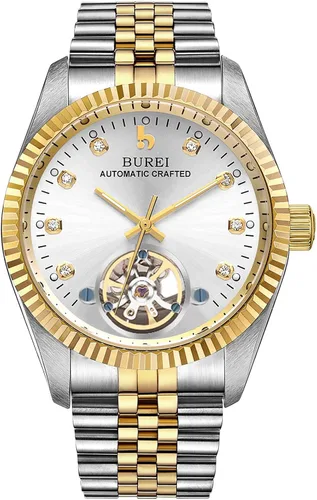 Vista 11 de BUREI Reloj automático de lujo para hombre, resistente al agua, reloj mecánico, correa ajustable de dos tonos de acero inoxidable