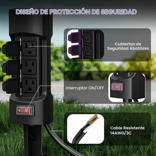 Vista 3 de K KASONIC Estaca de Energía para Exteriores, Cable de Extensión con Regleta de 6 Tomas de 9 pies Kasonic, Doble Cara con Cubiertas Abatibles