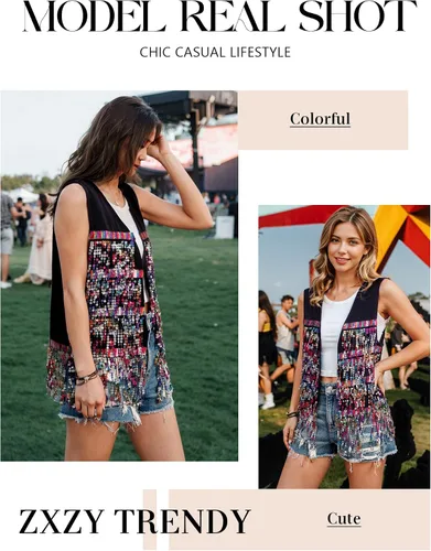 Vista 4 de ZXZY Chaleco sin mangas con flecos de lentejuelas para mujer, chaqueta ajustada y ligera