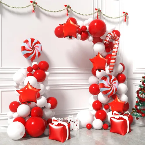 Vista 2 de HOUSE OF PARTY Kit de guirnalda de globos de Navidad Kit de arco de globos de Navidad en rojo y blanco con globos en forma de bastón de caramelo