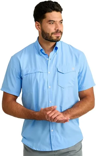 Vista 24 de HUK Men's Tide Point Kc Scott Original Artwork Short Sleeve Shirt, Fishing Button Down Negro