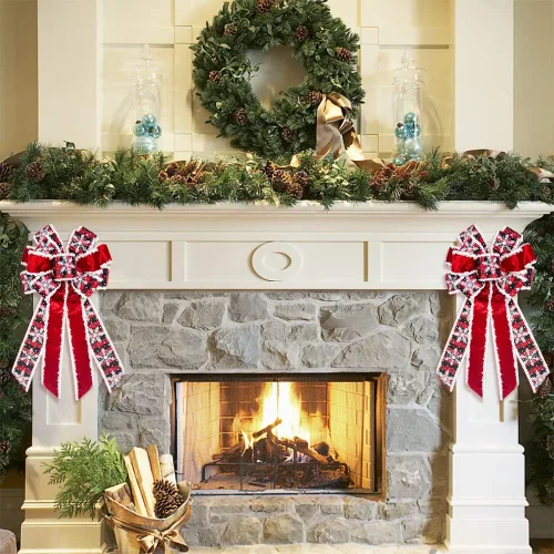 Vista 7 de Lazo de Navidad grande para corona, lazos de corona de Navidad a cuadros rojos y negros para puerta delantera, coronas decorativas de terciopelo