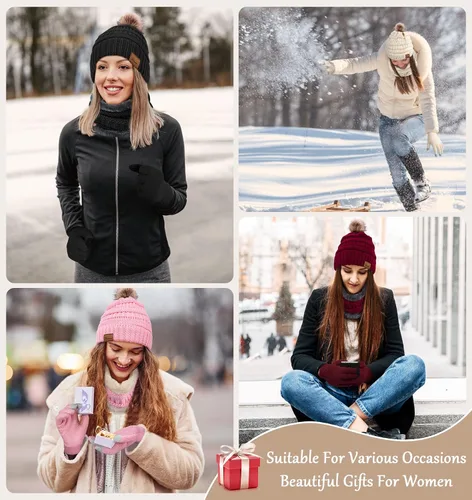 Vista 6 de YSense Conjunto de gorro de invierno para mujer, bufanda y guante, cálido forro polar con pompones, calentador de cuello y guantes para pantalla