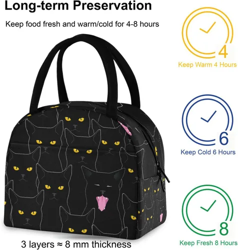 Vista 2 de Sinestour Bolsa de almuerzo con diseño de gato para mujer, bonita bolsa reutilizable, hielera negra aislada para la escuela, oficina, picnic, niños