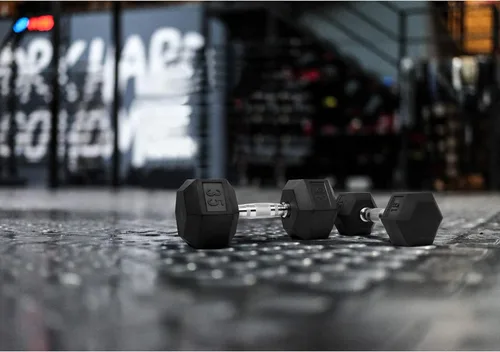 Vista 6 de LIONSCOOL - Mancuernas hexagonales de goma con mango de metal para entrenamiento de fuerza y resistencia, desarrollo de musculatura y entrenamiento