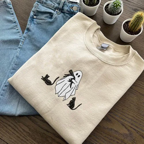 Vista 4 de My4gifts Sudadera bordada de temporada espeluznante, bonito diseño de fantasma, perfecta para mujeres, temporada de otoño