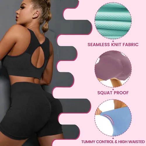 Vista 4 de CAMPSNAIL Paquete de 4 pantalones cortos de entrenamiento para mujer, acanalados, sin costuras, cintura alta, para yoga, gimnasio, control