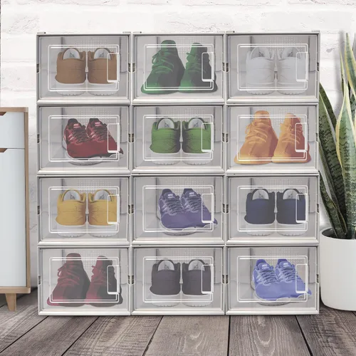 Vista 7 de Paquete de 12 contenedores apilables de almacenamiento para zapatos deportivos, plástico transparente, caja de zapatos plegable para organizar