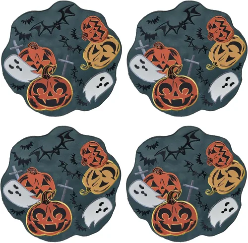 Vista 2 de Grelucgo Manteles individuales bordados de calabaza y casa embrujada espeluznante de Halloween, color azul turquesa (redondo, 16 pulgadas
