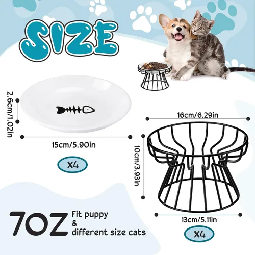 Vista 2 de Roshtia 4 juegos de cuencos elevados de cerámica para gatos con soporte de metal, platos aptos para lavavajillas, platos elevados antideslizantes