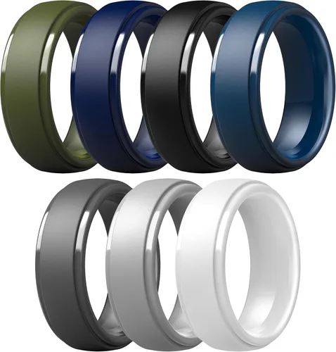 Vista 37 de ThunderFit Anillos de silicona para hombres, bandas de boda de goma con Pack A: Negro carbón