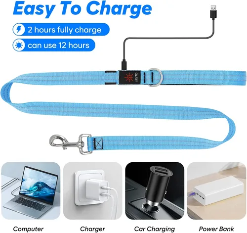 Vista 5 de Correa LED para perro de 4 pies, recargable con luz impermeable, seguridad que brilla en la oscuridad para caminar por la noche, nailon reflectante