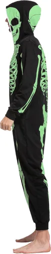 Vista 3 de Spooktacular Creations Mono de esqueleto para adultos, pijama para hombre, que brilla en la oscuridad, con cremallera, disfraces con capucha